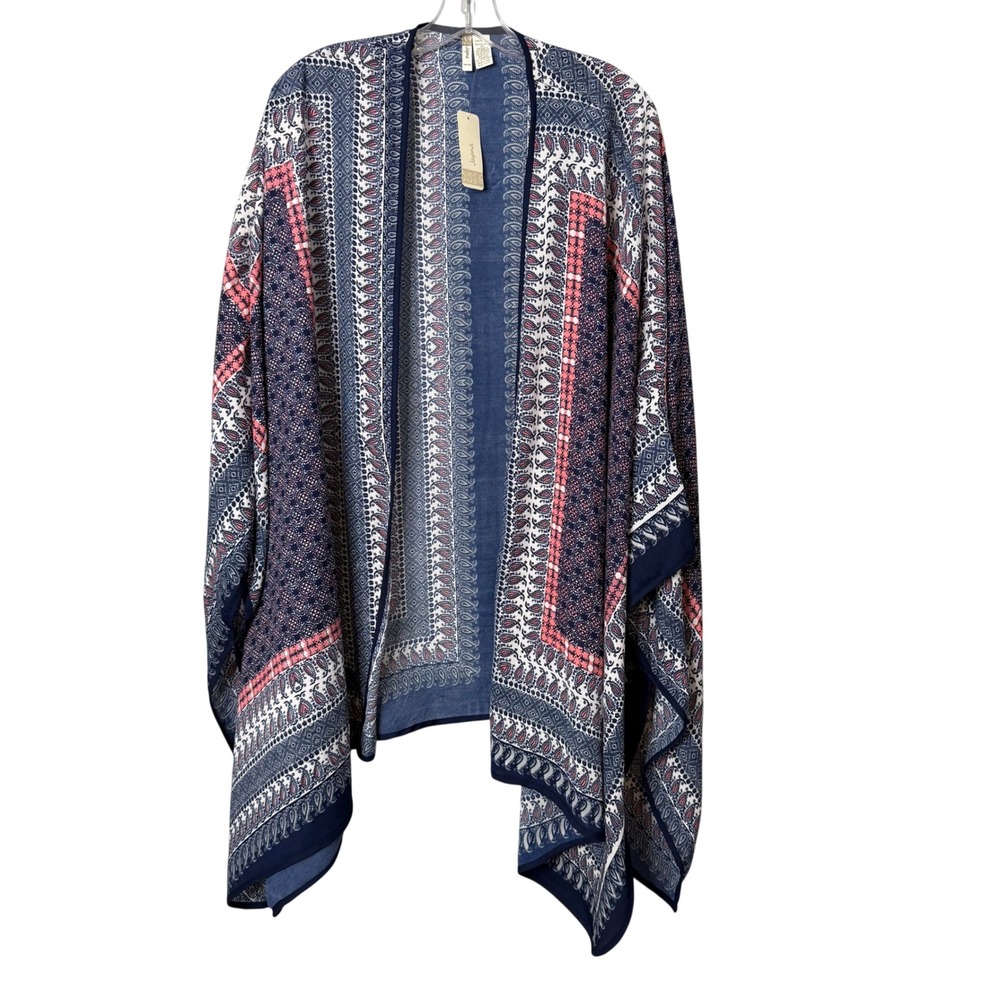 Japna Kimono Wrap Womens One Size Blue Paisley Medallion Open Front Cardigan